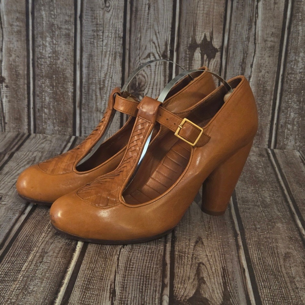 Sz 36.5/ 6.5 Chie Mihara Tan Woven Leather T-Strap Block Heel Pumps Shoes